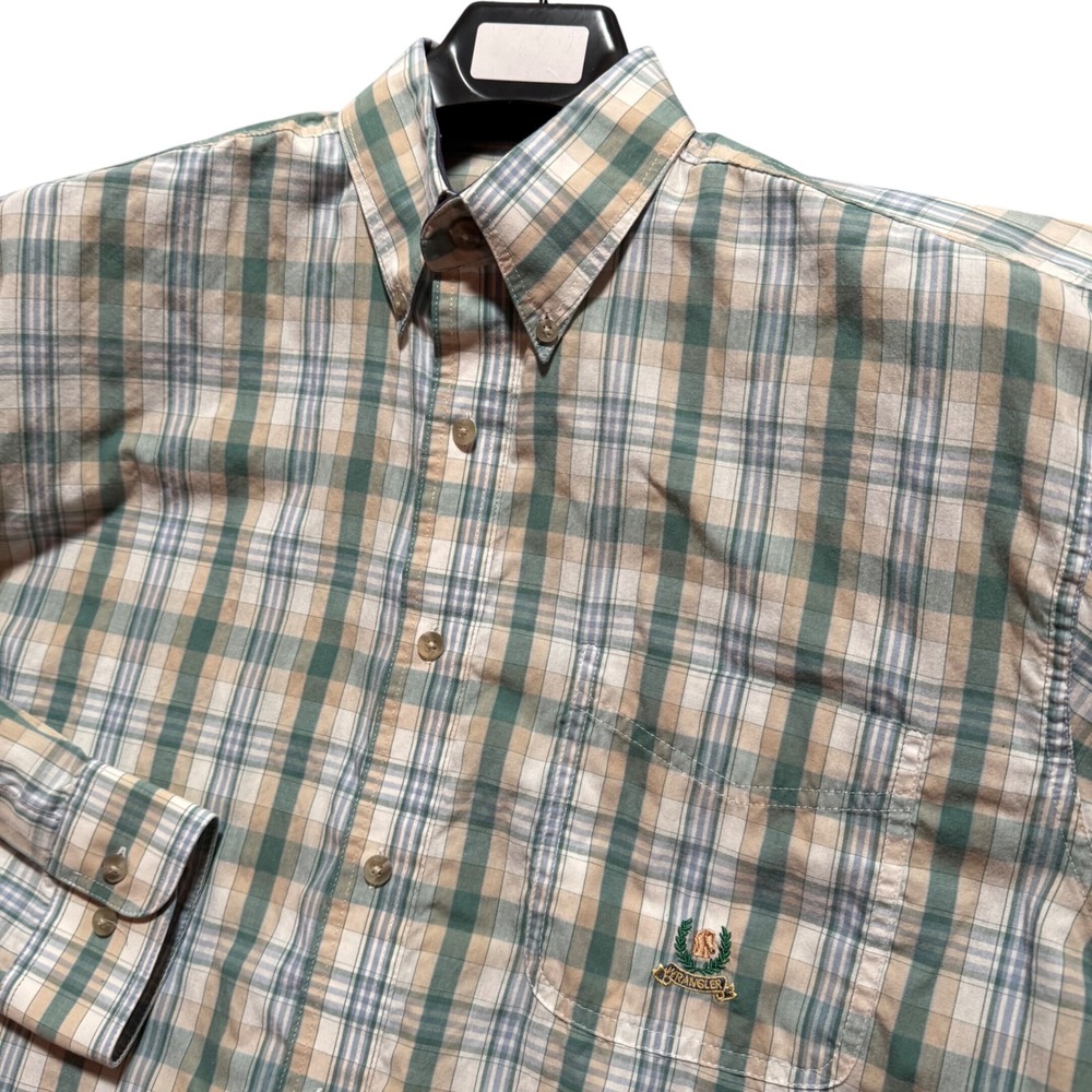 Wrangler Riata‎ Shirt Mens Medium Embroidery Green Plaid Long Sleeve Button Down
